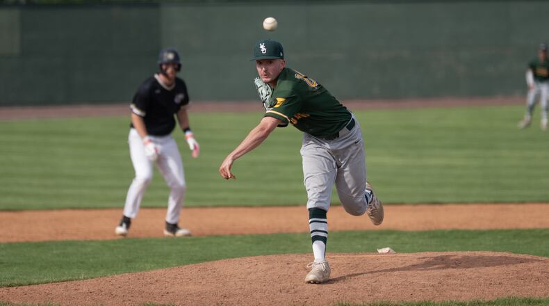 Wright State University freshman pitcher Caleb Ehling throws a pitch during their game on Friday, May 16 at Purdue Fort Wayne. The Raiders won 23-11. JORDAN WOMMACK / CONTRIBUTED PHOTO