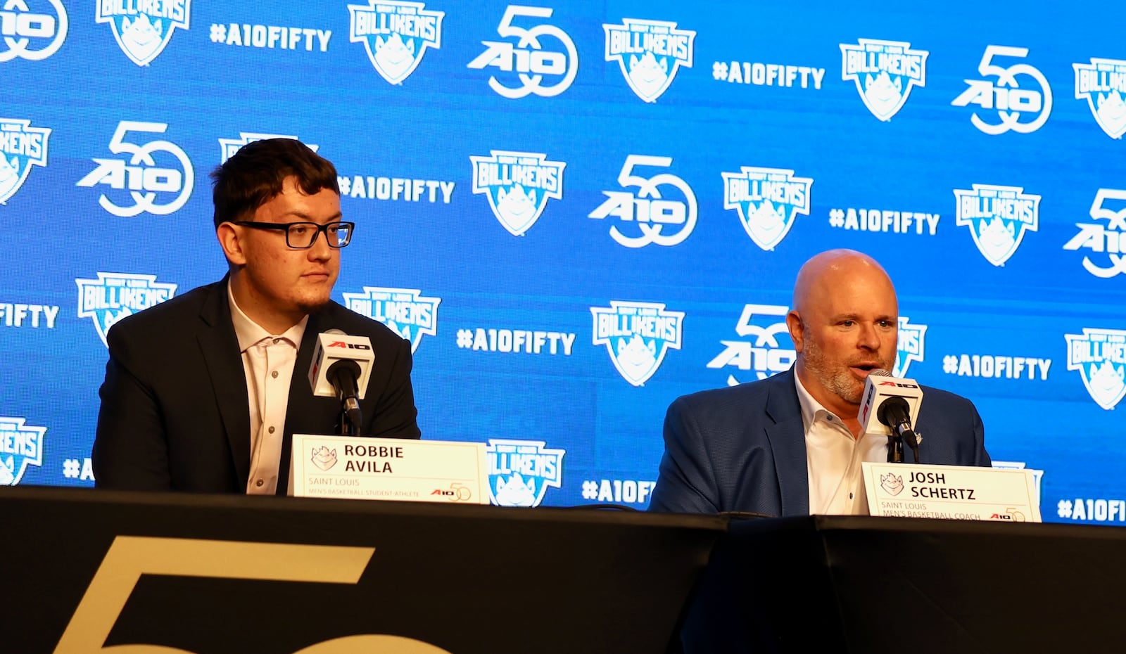 Robbie Avila and Josh Schertz, of Saint Louis, speak at Atlantic 10 Conference Media Day on Tuesday, Sept. 30, 2025, in Pittsburgh. David Jablonski/Staff