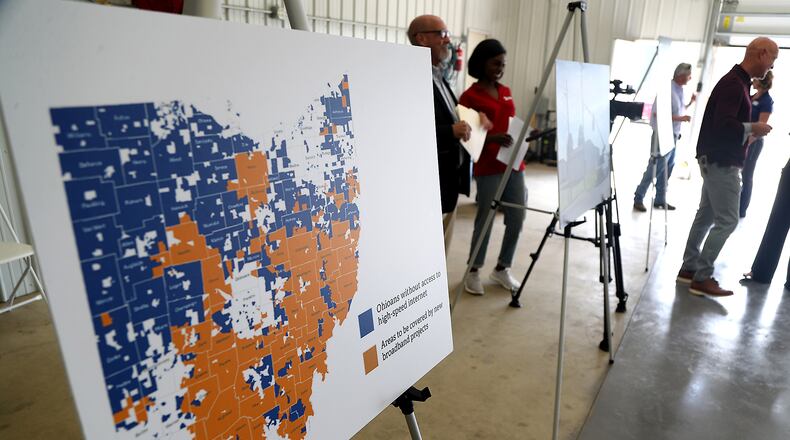 A map showing the Ohioans without access to high speed internet Monday, August 8, 2022 during a ribbon cutting ceremony to official launch broadband service to 415 rural homes in eastern Clark County. BILL LACKEY/STAFF