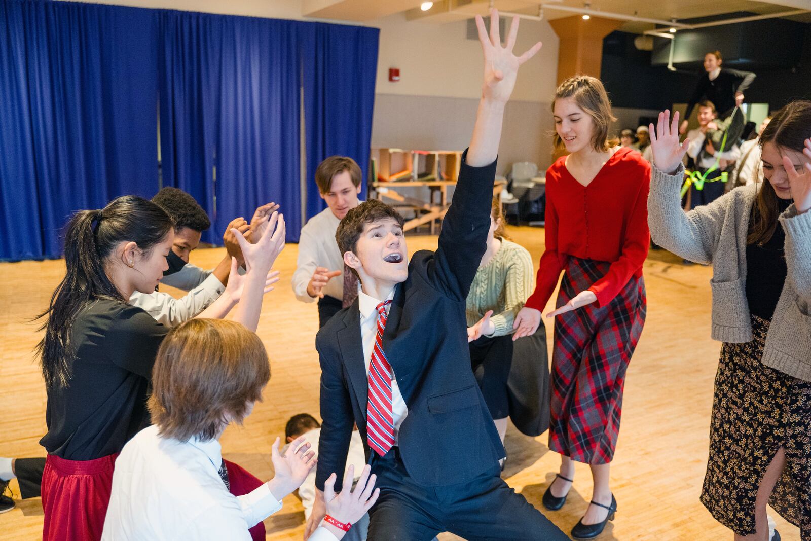 Tippecanoe High School senior Jack Wyant (Franklin Hart, Jr.) and the cast of Muse Machine's production of "9 to 5: The Musical." PHOTO BY MATTHEW SILVER