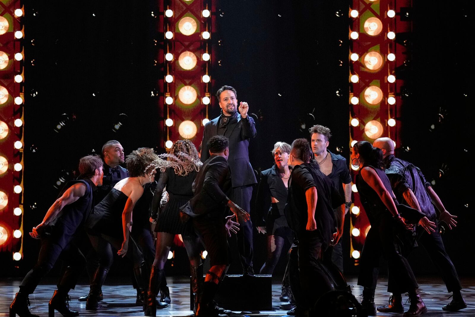 Lin-Manuel Miranda, center, performs a medley from "Hamilton" during the 78th Tony Awards on Sunday, June 8, 2025, at Radio City Music Hall in New York. (Photo by Charles Sykes/Invision/AP)