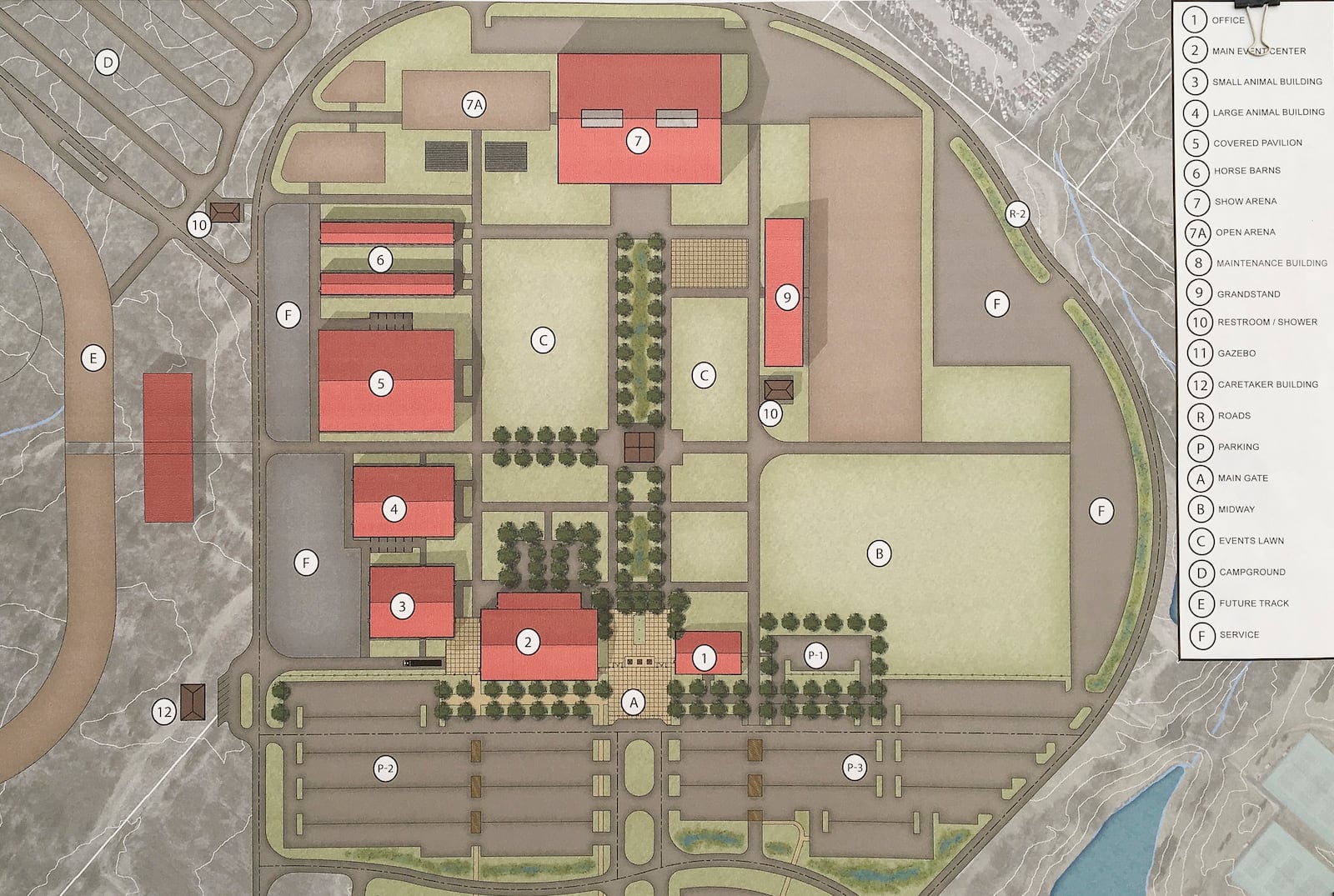 Plans unveiled Monday for the new Montgomery County Fairgrounds site in Jefferson Twp. call for three air-conditioned and heated buildings to keep and attract year-round events. Seven buildings and an office are planned during the first phase of development to begin next month. SUBMITTED BY MONTGOMERY COUNTY AGRICULTURAL SOCIETY