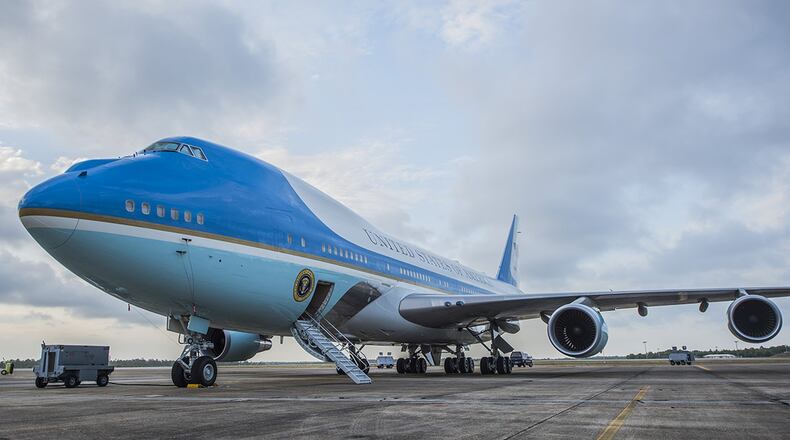 A Boeing 747 VC-25A sits on the flightline April 19, 2017, at Eglin Air Force Base, Fla. The aircraft is one of two VC-25As assigned to the Presidential Airlift Group, 89th Airlift Wing at Joint Base Andrews, Maryland. The VC-25A is commonly known as Air Force One, although that radio call sign is reserved and used exclusively when the president of the United States is aboard any U.S. Air Force aircraft. (U.S. Air Force photo/Ilka Cole)