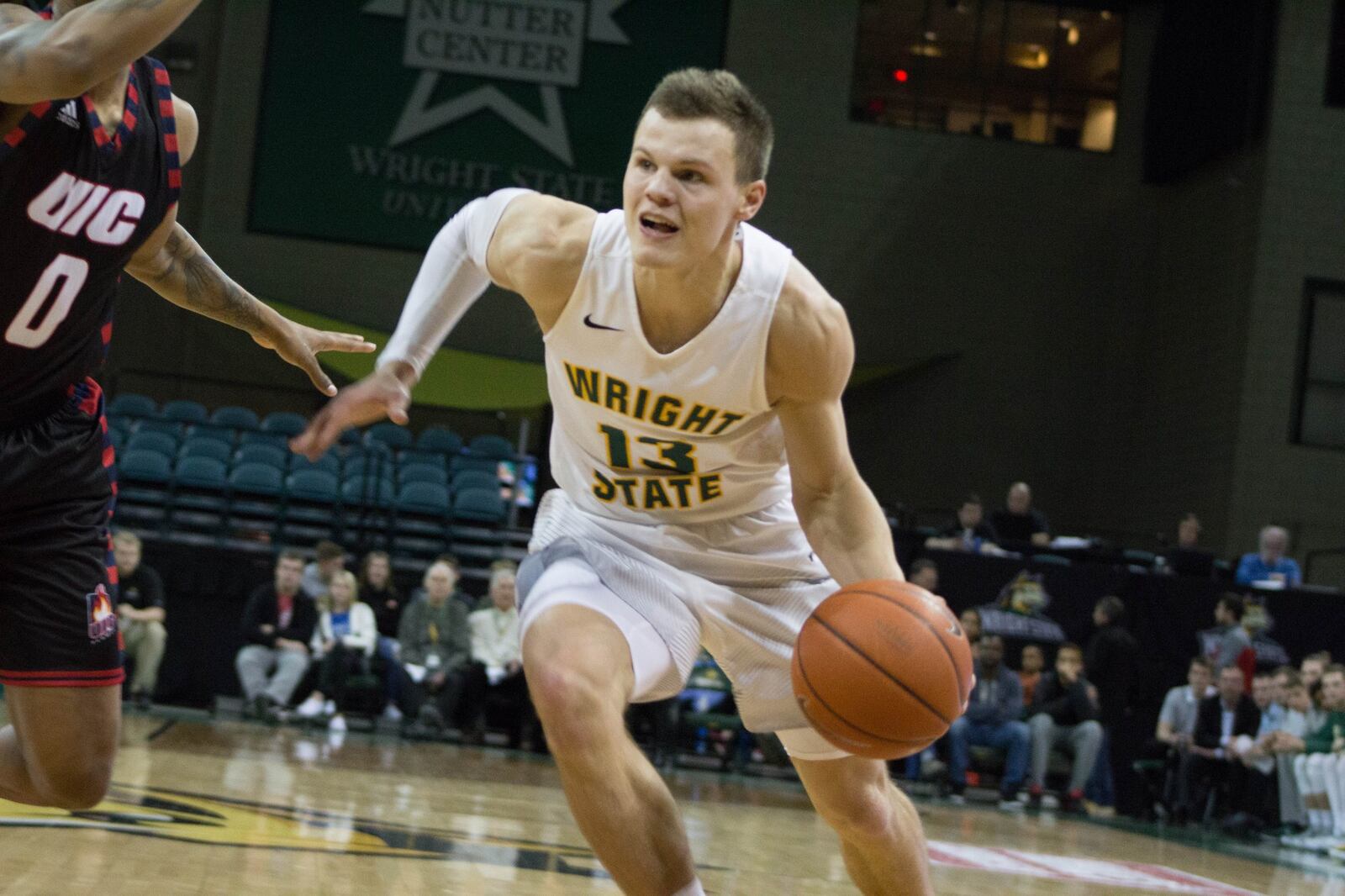 Wright State’s Grant Benzinger during Thursday night’s game vs. UIC at the Nutter Center. Allison Rodriguez/CONTRIBUTED