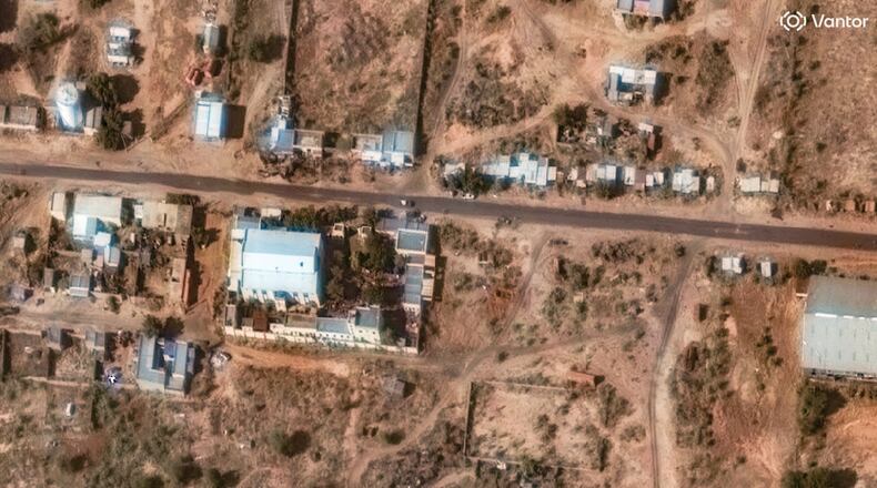 This satellite image from Vantor shows a trench experts suspect of being a mass grave being dug near a former children's hospital held by the paramilitary Rapid Support Forces in el-Fasher, Sudan, Sunday, Nov. 2, 2025. (©2025 Vantor via AP)