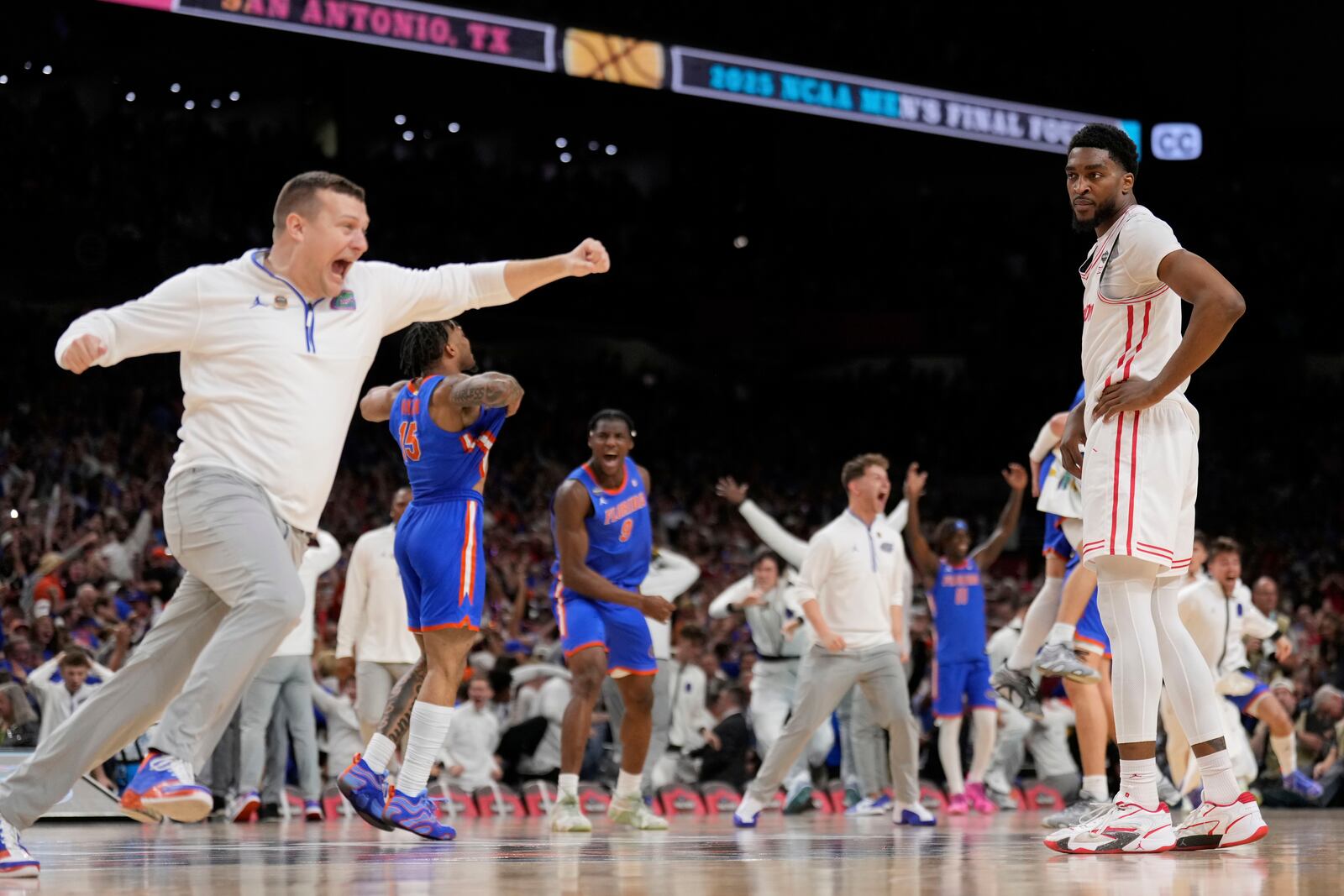 Houston forward Ja'Vier Francis reacts after their loss against Florida during the second half in the national championship at the Final Four of the NCAA college basketball tournament, Monday, April 7, 2025, in San Antonio. (AP Photo/Brynn Anderson)