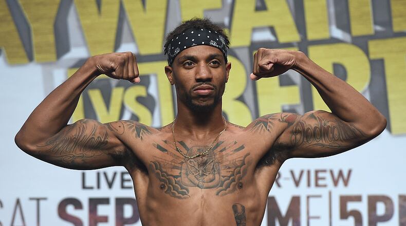 LAS VEGAS, NV - SEPTEMBER 11: Boxer Chris Pearson poses on the scale during his official weigh-in at MGM Grand Garden Arena on September 11, 2015 in Las Vegas, Nevada. Pearson will face Janks Trotter in a middleweight bout on September 12 at MGM Grand in Las Vegas.. (Photo by Ethan Miller/Getty Images)