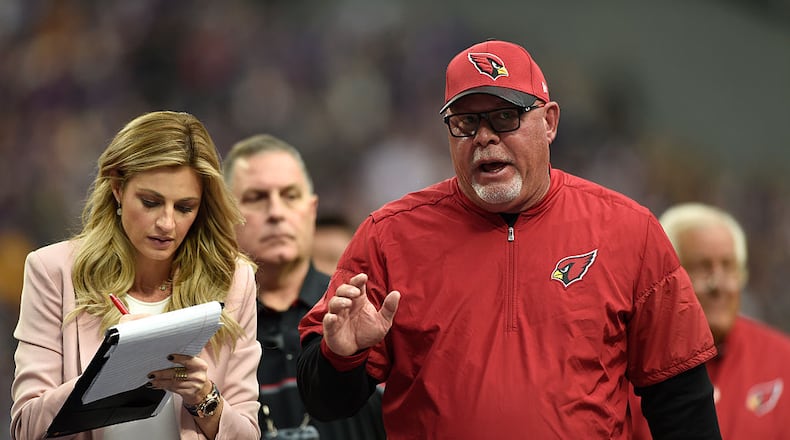 MINNEAPOLIS, MN - NOVEMBER 20: Arizona Cardinals head coach Bruce Arians speaks with Erin Andrews, FOX Sports sideline reporter, after the close of the first half of the game against the Minnesota Vikings on November 20, 2016 at US Bank Stadium in Minneapolis, Minnesota. (Photo by Hannah Foslien/Getty Images)