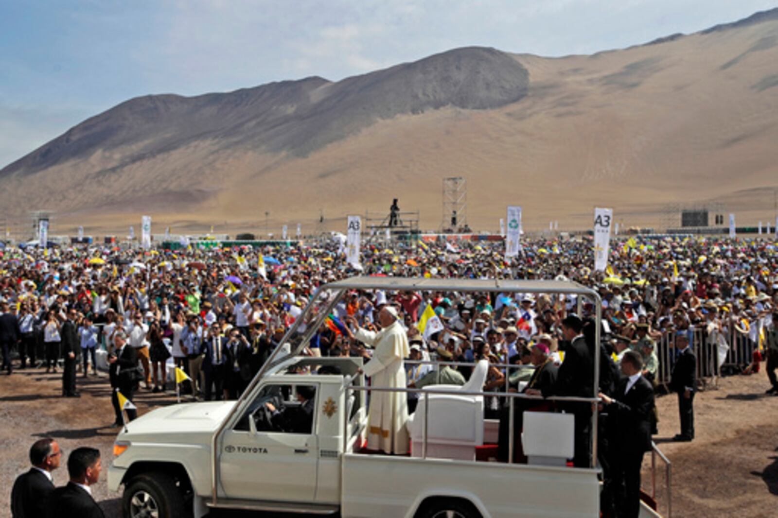 FILE - Pope Francis arrives to celebrate Mass on Lobito Beach in Iquique, Chile, on Jan. 18, 2018. (AP Photo/Alessandra Tarantino, File)