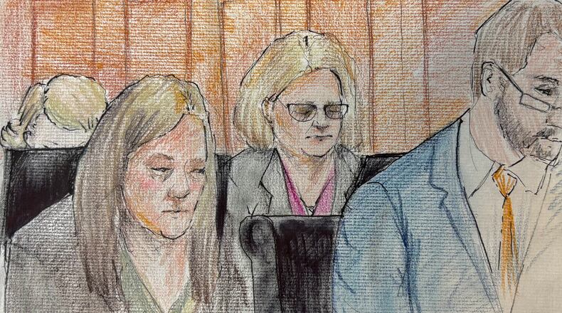 This courtroom sketch depicts Milwaukee County Circuit Judge Hannah Dugan in court as jury selection in her trial begins Thursday, Dec. 11, 2025 in Milwaukee, Wis. (Adele Tesnow via AP)