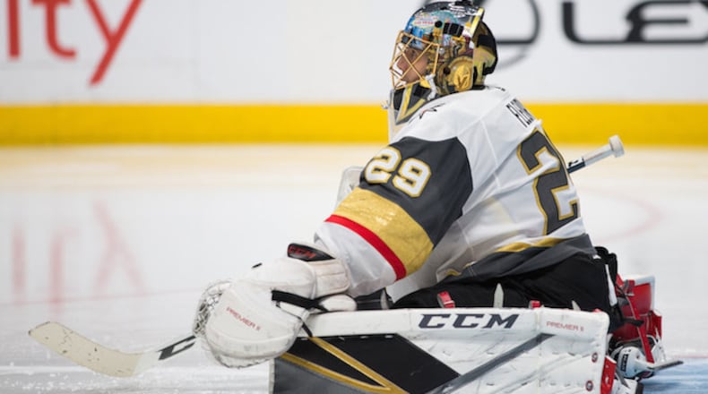In this photo from March 24, 2018 Vegas Golden Knights goaltender Marc-Andre Fleury (29) on the ice during the second period against the Colorado Avalanche at the Pepsi Center Arena in Denver, Colo. (Scott D. Stivason/Cal Sport Media/Zuma Press/TNS)