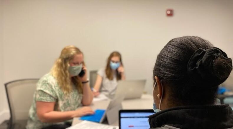Cedarville pharmacy students Mary Sprow, Lucy Ebangha and Rachel Balentine doing contact tracing. CONTRIBUTED