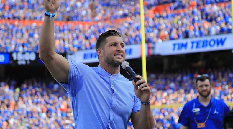 GAINESVILLE, FL - OCTOBER 06:  Tim Tebow is inducted into the Ring of Honor during the game between the Florida Gators and the LSU Tigersat Ben Hill Griffin Stadium on October 6, 2018 in Gainesville, Florida.  (Photo by Sam Greenwood/Getty Images)