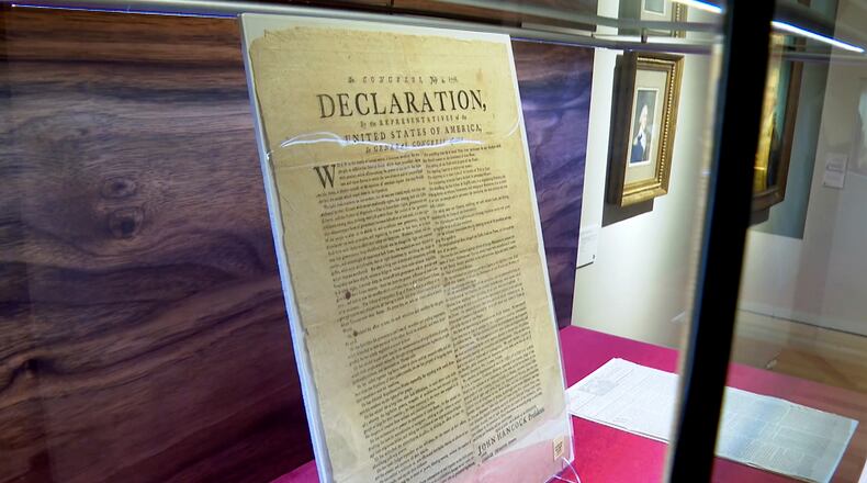 A copy of the Declaration of Independence, printed by Robert Luist Fowle in July 1776, sits on display at Christie's during a preview for the "We the People: America at 250" auction, Jan. 15, 2026 in New York. (AP Photo/Joe Frederick)