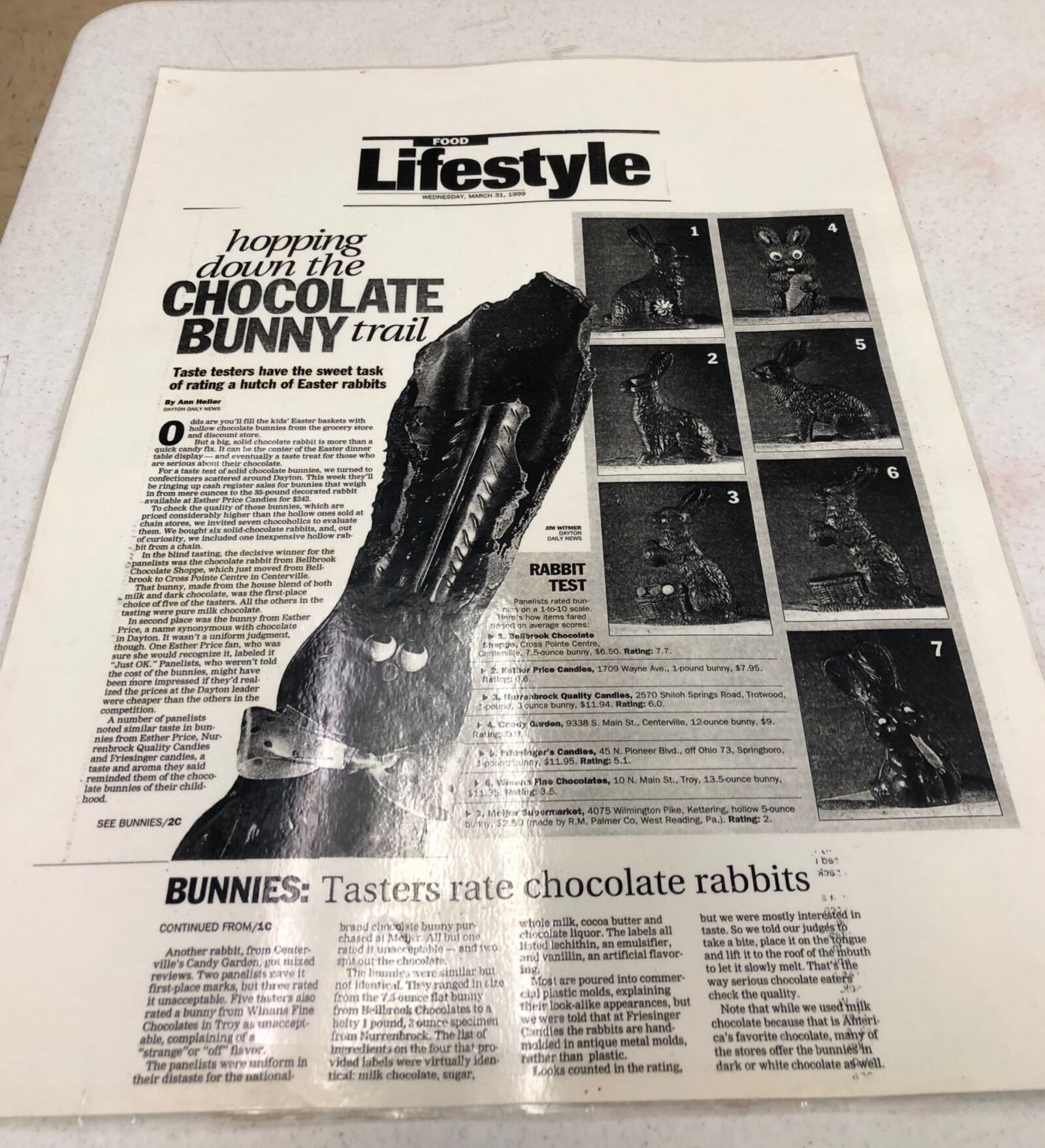 A blown-up laminated copy of the 1999 Dayton Daily News story that proclaimed Bellbrook Chocolate Shoppe's chocolate rabbit the best-tasting in the region is kept at the shop. STAFF