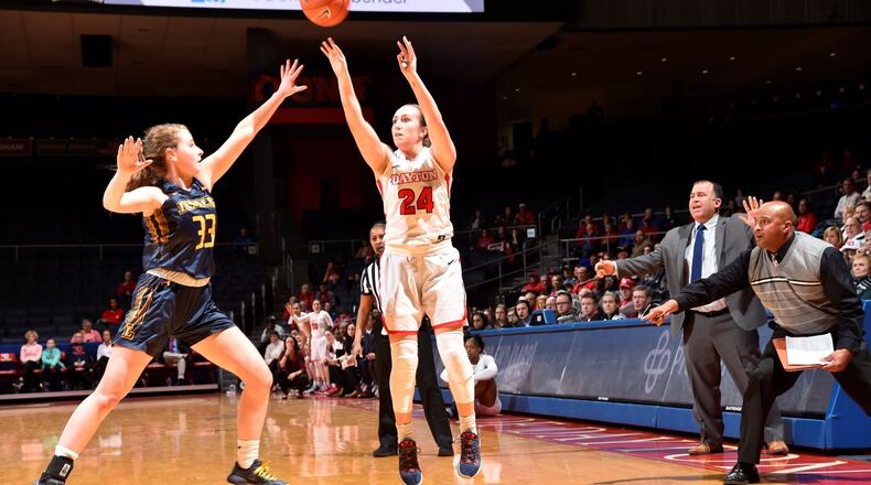 Dayton’s Lauren Cannatelli puts up a shot during Tuesday’s game vs. La Salle at UD Arena. Erik Schelkun/CONTRIBUTED