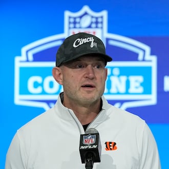Cincinnati Bengals director of player personnel Duke Tobin speaks during a news conference at the NFL football scouting combine, Tuesday, Feb. 27, 2024, in Indianapolis. (AP Photo/Darron Cummings)