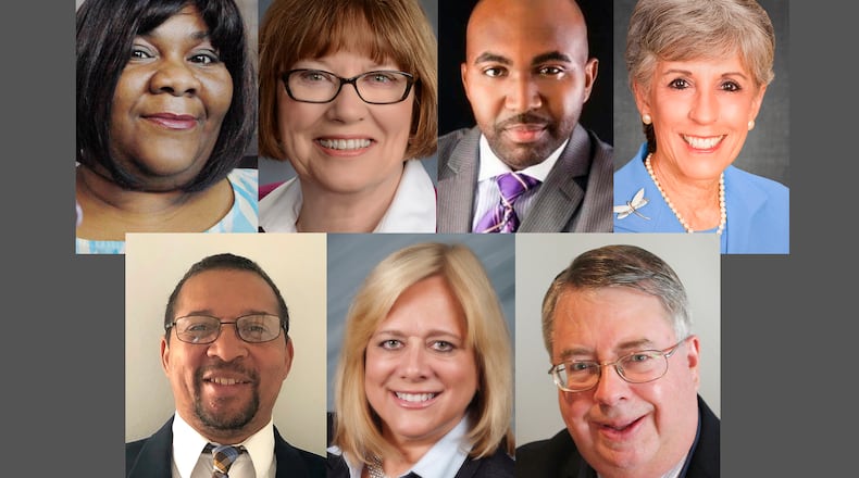 Candidates for Montgomery County Commission. Top row from left: Tasha Rountree, Judy Dodge, Norman Scearce, Arlene Setzer. Bottom row from left: Greg West, Debbie Lieberman, Bob Matthews. SUBMITTED