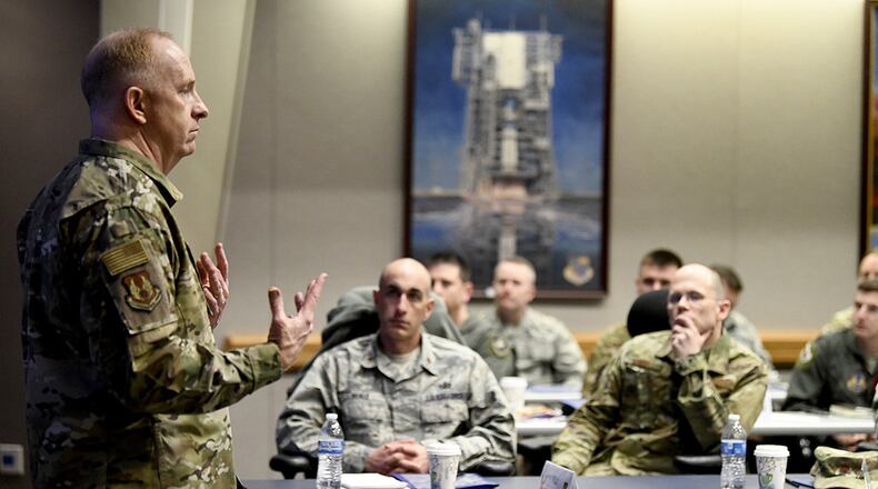 Lt. Gen. Robert McMurry, interim commander, Air Force Materiel Command, speaks during the command’s Squadron Leader Orientation April 1 at Wright-Patterson Air Force Base. The event is designed to provide the next generation of squadron-level leaders with detailed expectations for a successful command tour within AFMC. (U.S. Air Force photo/Scott M. Ash)
