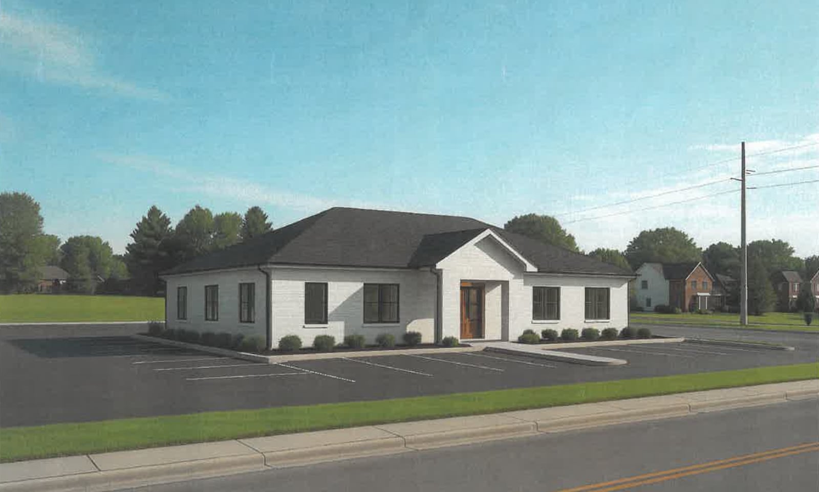 A conceptual rendering of the first phase of the Eagle Exchange, a proposed office district on West Franklin Street in Bellbrook. CONTRIBUTED