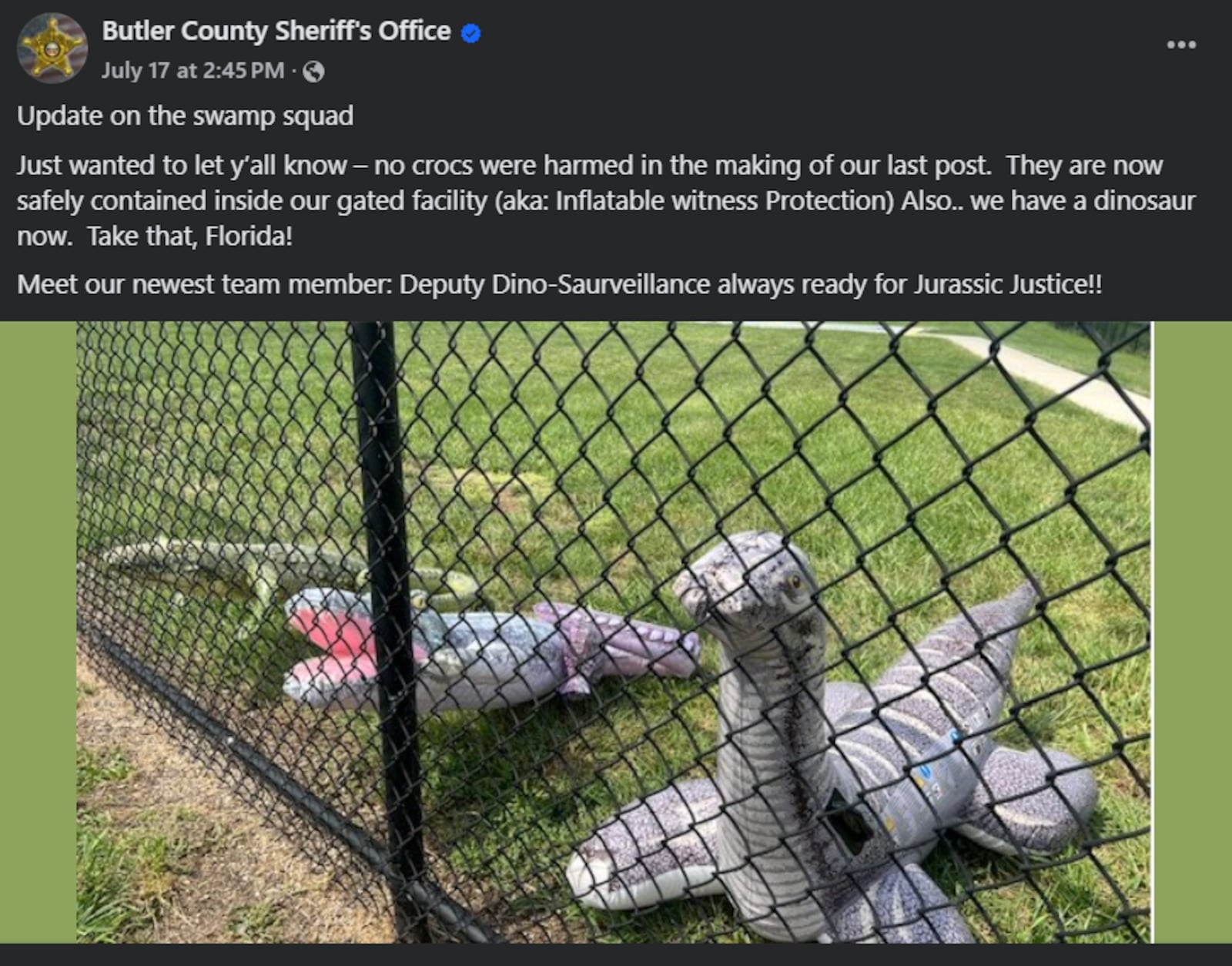 The Butler County Sheriff's Office posted a couple of social media posts on June 17, 2025, that mimicked Florida's Alligator Alcatraz, an immigration detention center that opened in 2025. While supporters of Butler County Sheriff Richard Jones found the posts funny, others, like Black Lives Matter Dayton felt they were racists given the historic context that Black babies were often depicted as "alligator bait" in the 19th and 20th centuries. SCREEN CAPTURES/BUTLER COUNTY SHERIFF'S OFFICE