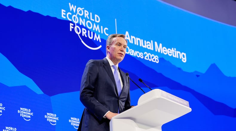 FILE - CEO of the World Economic Forum Borge Brende talks during of the Annual Meeting of the World Economic Forum in Davos, Switzerland, Tuesday, Jan. 20, 2026. (AP Photo/Markus Schreiber, File)