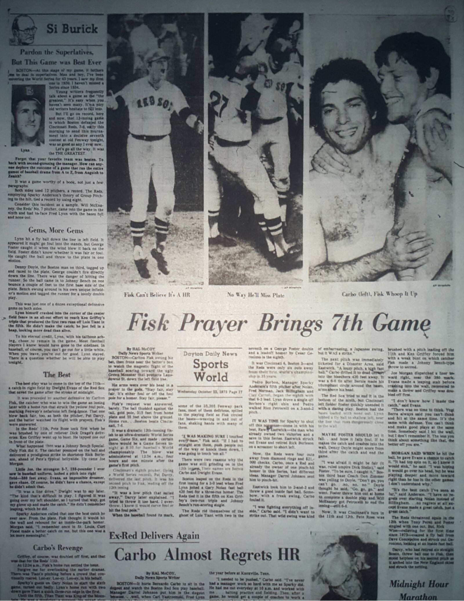 A Dayton Daily News page from Oct. 22, 1975, the day after the classic Game 6 of the World Series between the Cincinnati Reds and Boston Red Sox.