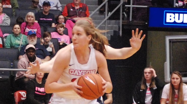 Dayton’s Maddy Dennis during Sunday’s game vs. George Washington. John Cummings/CONTRIBUTED