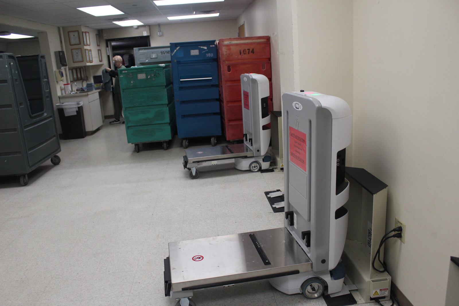 TUGs return to their charging stations when they are not making deliveries. The robots were introduced to Kettering Hospital in January.