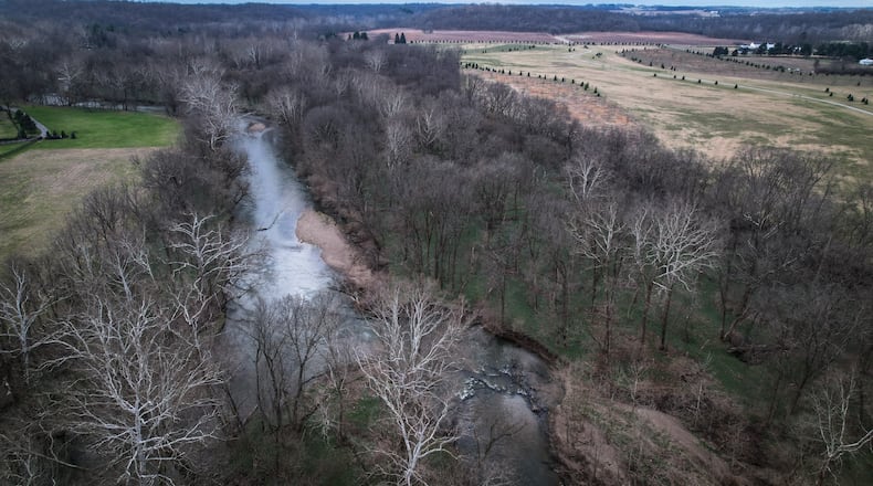 Looking Southwest with a drone at the Little Miami River near Bellbrook Canoe Rental on Washington Mill Road. A study conducted on the portion of the Little Miami River in Greene County shows the scenic state river has economic development potential with recreation and other uses.