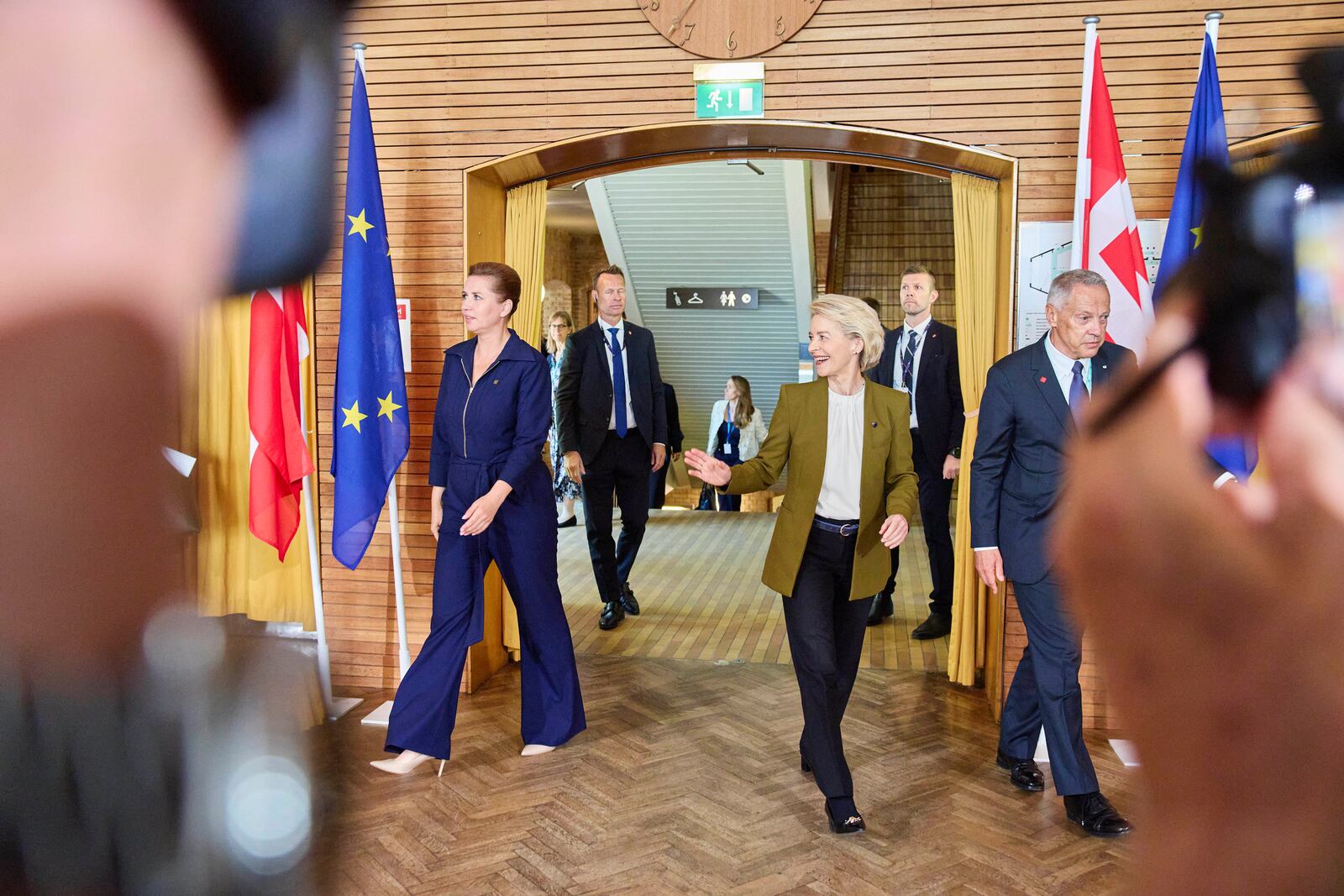 Danish Prime Minister Mette Frederiksen, centre left, and President of the European Commission Ursula von der Leyen arrive for a round table at Aarhus University in Aarhus, Denmark, Thursday, July 3, 2025, as Denmark officially takes over the EU presidency. (Mikkel Berg Pedersen/Ritzau Scanpix via AP)