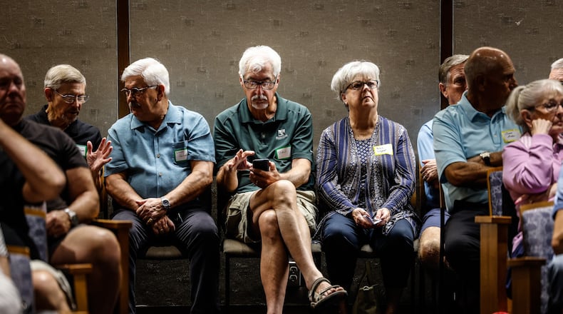 Retired Delphi salaried employees attend a rally at Sinclair College Wednesday September 7, 2022. The former employees have been trying for over a decade to recover their lost retirement they earned after General Motors filed for bankruptcy. JIM NOELKER/STAFF