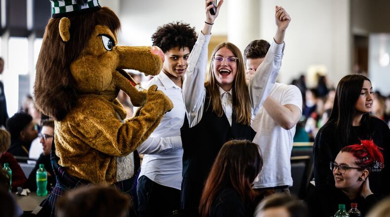 Kettering Fairmont High School student Casey Nugent celebrates at the Tech Prep Showcase 2022 competition held at Sinclair College on Friday April 22, 2022. This year 441 students from all over the Miami Valley participated in the program that is linked to students' career tech education classes. JIM NOELKER/STAFF