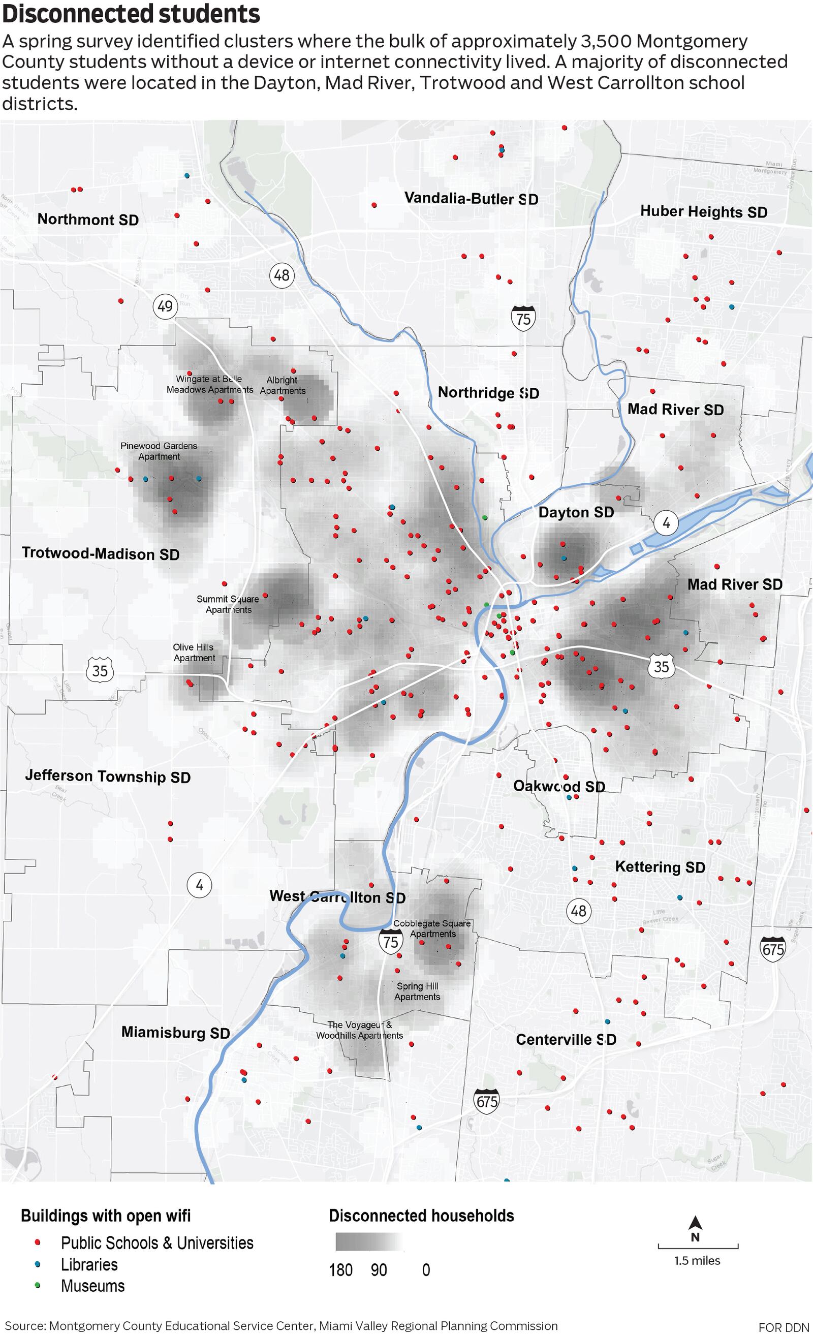 A spring survey identified clusters where the bulk of approximately 3,500 Montgomery County students without a device or internet connectivity lived. A majority of disconnected students were located in the Dayton, Mad River, Trotwood and West Carrollton school districts.
