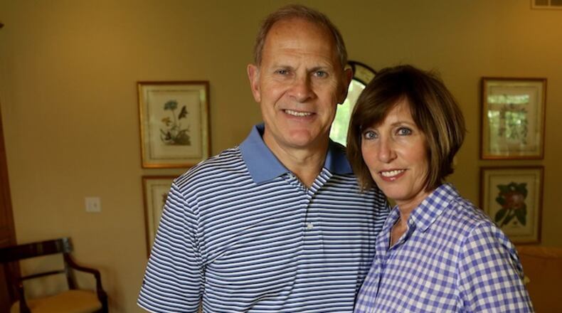 University of Michigan head basketball coach John Beilein with Kathleen Beilein, his wife, on Saturday, May 13, 2017 in the living room of their home in Ann Arbor, Mich. After an airplane incident in March, when the plane he and the Michigan basketball team were on went violently off an airport runway as they headed to the NCAA tournament, Beilein has found a new perspective on basketball, life and his place in it. (Eric Seals/Detroit Free Press/TNS)
