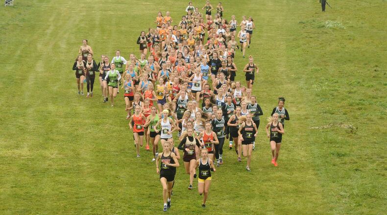 Beavercreek’s Taylor Ewert (front left) and Centerville’s Emma Bucher (front right) lead the Division I field at the regional cross country championships Saturday in Troy. Contributed / Greg Billing
