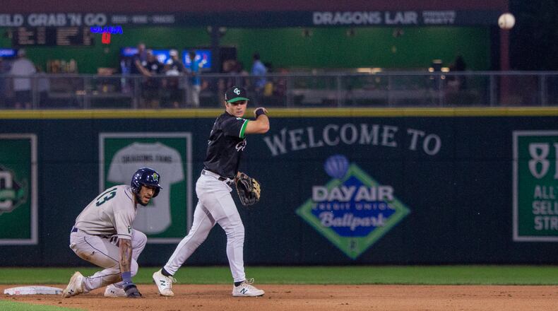 Dayton second baseman Tyler Callihan turns a double play in the fifth inning Tuesday night at Day Air Ballpark. Jeff Gilbert/CONTRIBUTED