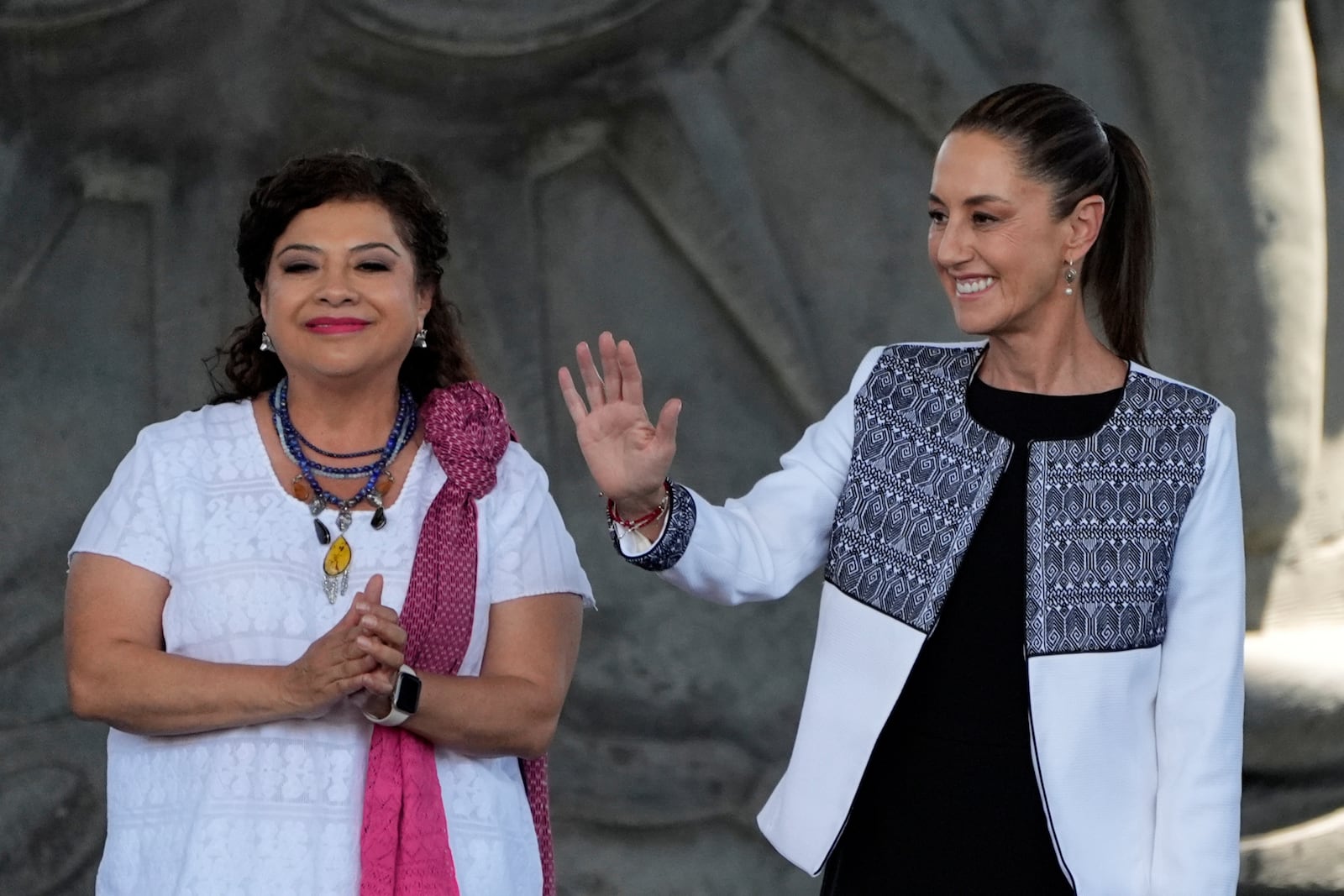 FILE - Mexico City Mayor Clara Brugada and Mexican President Claudia Sheinbaum attend a meeting at the Anthropology Museum in Mexico City, April 3, 2025. (AP Photo/Fernando Llano, File)