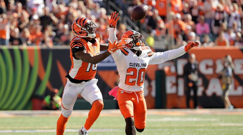 Bengals wide receiver A.J. Green makes a one handed catch while being defended by Briean Boddy-Calhoun (#20) of the Browns during an Oct. 23, 2106 game at Paul Brown Stadium. Green goes a long way toward making wide receiver one of the deepest positions on Cincinnati's roster.