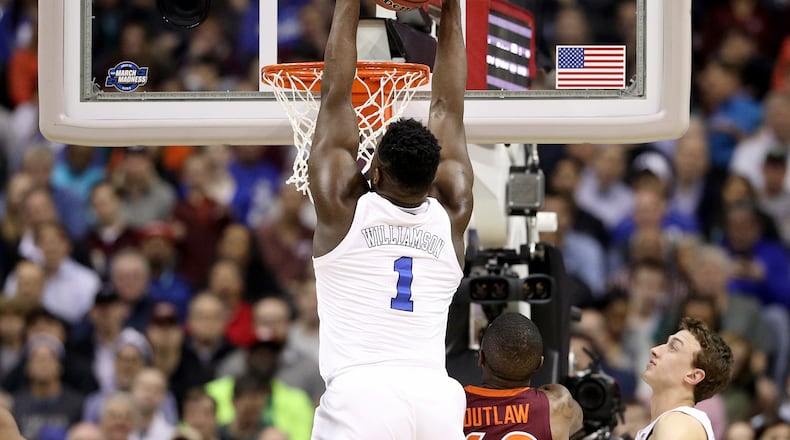 WASHINGTON, DC - MARCH 29: Zion Williamson #1 of the Duke Blue Devils dunks the ball against the Virginia Tech Hokies during the first half in the East Regional game of the 2019 NCAA Men's Basketball Tournament at Capital One Arena on March 29, 2019 in Washington, DC. (Photo by Patrick Smith/Getty Images)