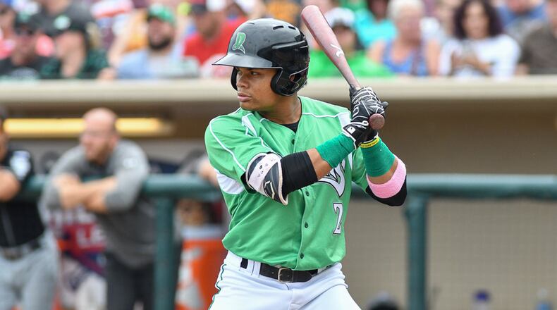 Dragons center fielder Randy Ventura waits on a pitch during the fourth inning of a Midwest League game on Sunday afternoon at Fifth Third Field. Ventura joined the team on Saturday after being traded by the Braves to the Reds. Contributed Photo by Bryant Billing