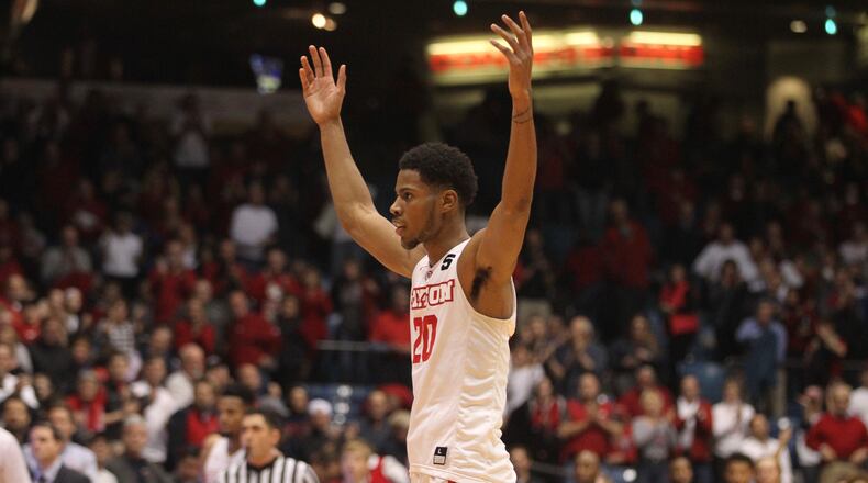 Dayton's Xeyrius Williams celebrates a victory over Richmond on Jan. 19, 2017.