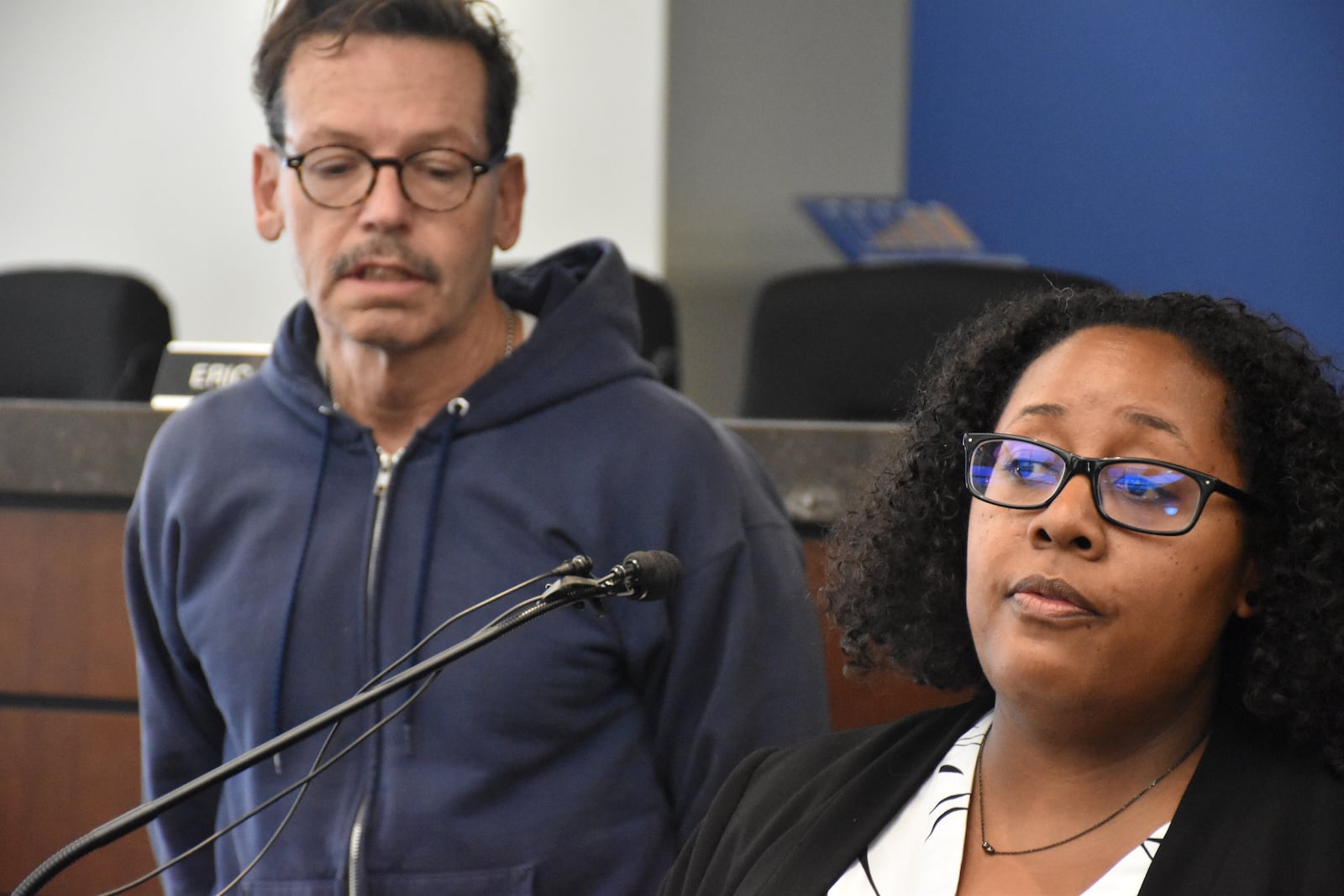 On Aug. 29, 2025 Dayton Public Schools Superintendent Board of Education President Chrisondra Goodwine and board member Joe Lacey discuss the school district's plan to purchase Greater Dayton RTA buses after a court ruled in the district's favor. DPS challenged a state law that prohibited students from transferring at the downtown bus hub.  CORNELIUS FROLIK / STAFF