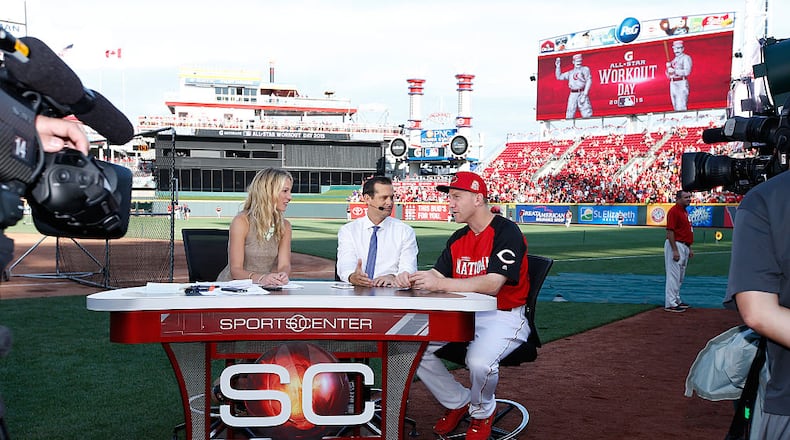 CINCINNATI, OH - JULY 13: National Leauge All-Star Todd Frazier #21 of the Cincinnati Reds appears on SportsCenter during the Gatorade All-Star Workout at the Great American Ball Park on July 13, 2015 in Cincinnati, Ohio. (Photo by Joe Robbins/Getty Images)