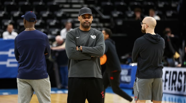Dayton's Ricardo Greer watches practice for the NCAA tournament at the Delta Center in Salt Lake City, Utah, on Wednesday, March 20, 2024. David Jablonski/Staff
