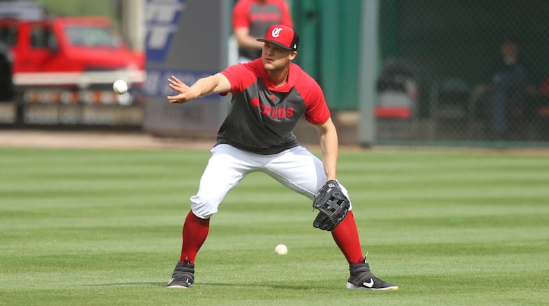 The Reds’ Nick Senzel warms up in center field during batting practice before a game against the Giants on Friday, May 3, 2019, at Great American Ball Park in Cincinnati. David Jablonski/Staff