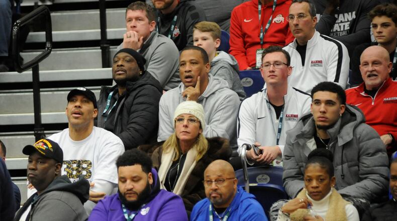 Three members (second row) of the Ball family: LaVar (left), wife Tina and middle son LiAngelo. Prolific Prep defeated Spire Academy 94-59 in Flyin’ to the Hoop at Trent Arena on Monday, Jan. 21, 2019. MARC PENDLETON / STAFF