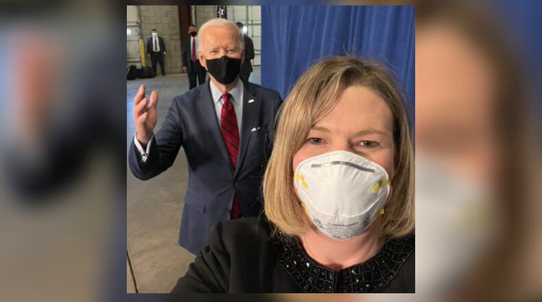 Dayton Mayor Nan Whaley shared a selfie with President Joe Biden during his visit in Columbus on Tuesday, March 23, 2021.