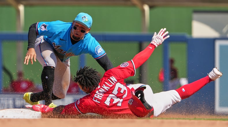 Washington Nationals' Christian Franklin (33) is tagged out by Miami Marlins shortstop Maximo Acosta after trying to stretch a single into a double during the fourth inning of a spring training baseball game Sunday, March 1, 2026, in West Palm Beach, Fla. (AP Photo/Jeff Roberson)