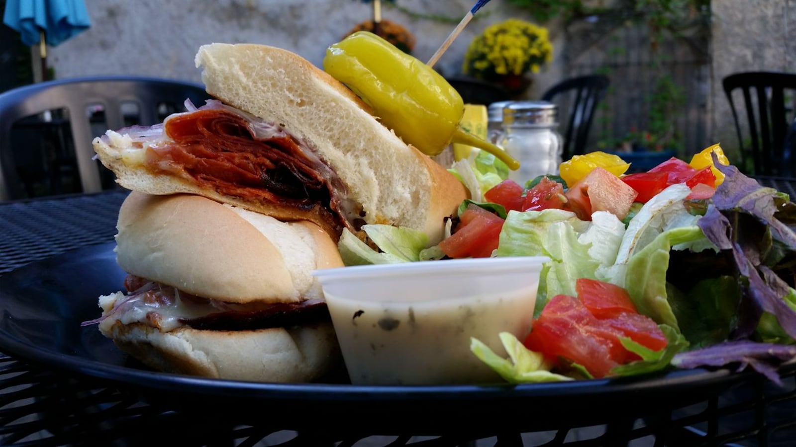 A featured Italian sub served on Trolley Stop's patio. 